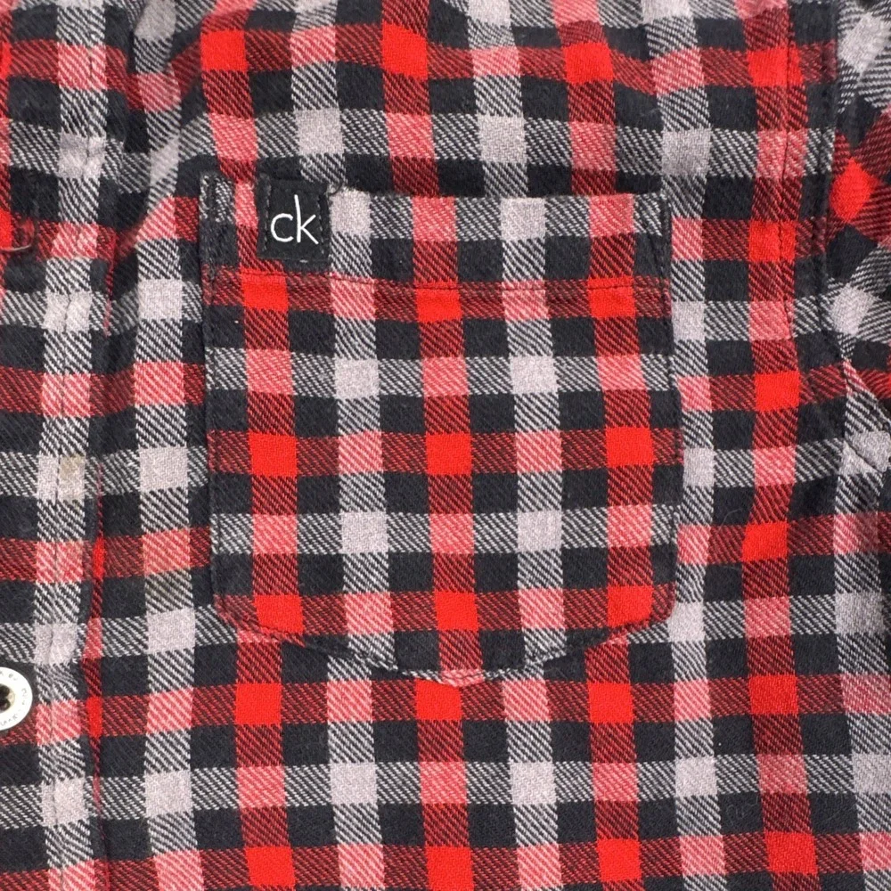 Calvin Klein Jeans Boys Youth Size 6 Red Black Plaid Flannel Button Front Shirt